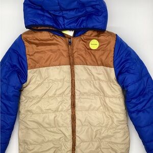 Epic Threads Blue, Tan and Brown Reversible Puffer Jacket with Hood NWT